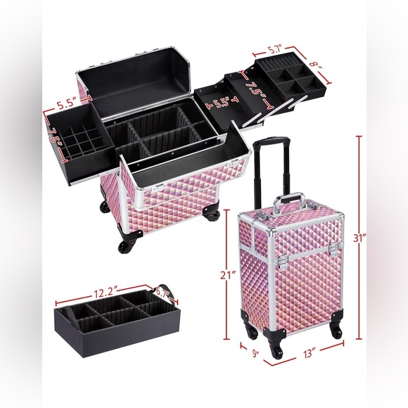 Pink Yaheetech Rolling Makeup Train Case - Picture 2 of 2